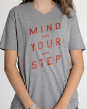 Load image into Gallery viewer, &quot;Mind Your Step&quot;. Unisex T-Shirt, V-Neck, Heather Grey
