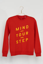 Load image into Gallery viewer, THE NEW COLLECTION. &quot;Mind Your Step&quot;. Unisex Sweater, Crew Neck, Bright Red!
