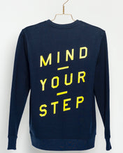 Load image into Gallery viewer, SPECIAL EDITION!  Full colour logo on the front. &quot;Mind Your Step&quot; on the back! Unisex Sweater, Crew Neck, Navy Blue
