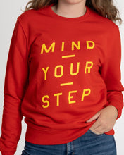 Load image into Gallery viewer, THE NEW COLLECTION. &quot;Mind Your Step&quot;. Unisex Sweater, Crew Neck, Bright Red!
