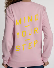 Load image into Gallery viewer, SPECIAL EDITION! Full colour logo on the front! &quot;Mind Your Step&quot; on the back! Unisex Sweater, Crew Neck, Cotton Pink.
